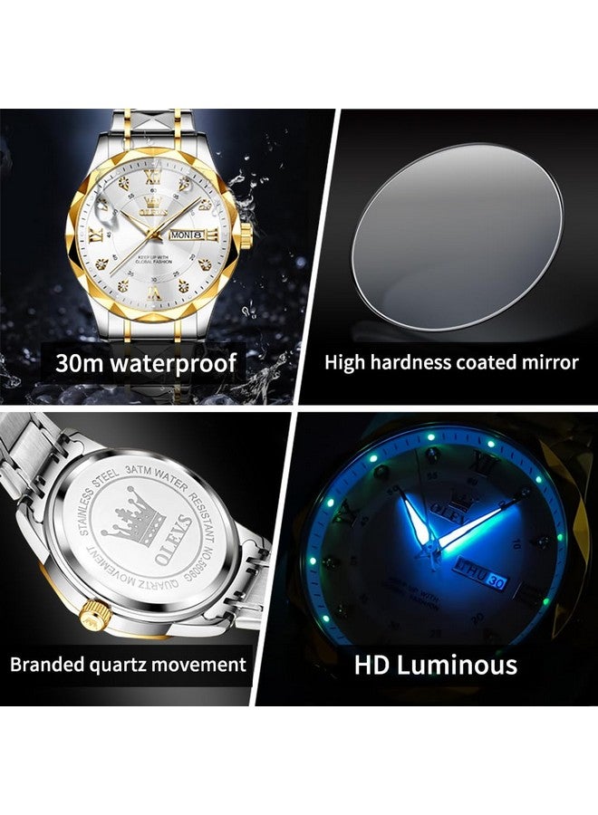 OLEVS Watches for Men Diamond Date Day Calendar White Wrist Watches Quartz Analog Business Stainless Steel Two Tone Waterproof Luminous Men Watch - Image 5