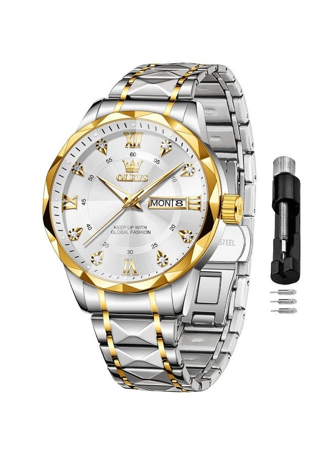 OLEVS Watches for Men Diamond Date Day Calendar White Wrist Watches Quartz Analog Business Stainless Steel Two Tone Waterproof Luminous Men Watch - Image 1