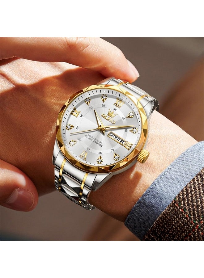 OLEVS Watches for Men Diamond Date Day Calendar White Wrist Watches Quartz Analog Business Stainless Steel Two Tone Waterproof Luminous Men Watch - Image 4