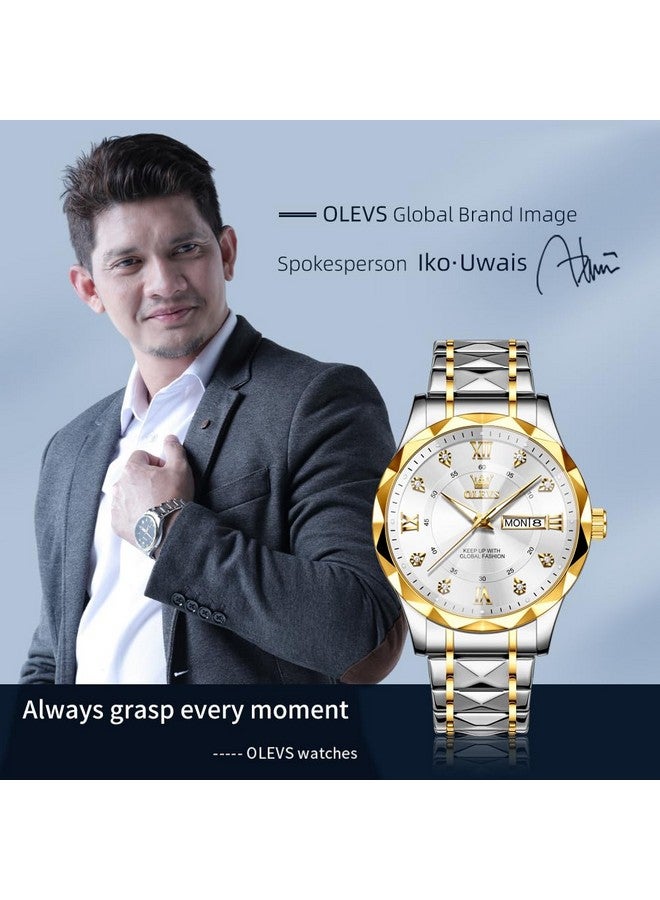 OLEVS Watches for Men Diamond Date Day Calendar White Wrist Watches Quartz Analog Business Stainless Steel Two Tone Waterproof Luminous Men Watch - Image 2