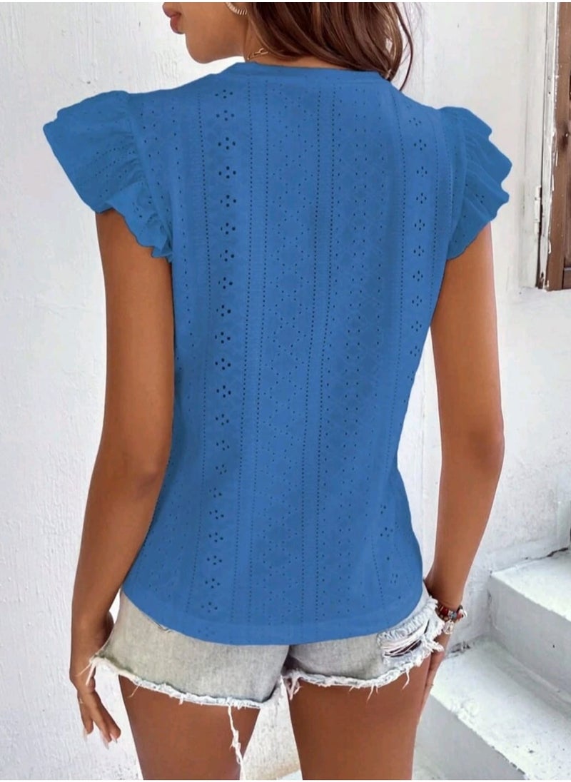 Shein - SHEIN VCAY Eyelet Embroidery Butterfly Sleeve Tee BLUE - Image 1