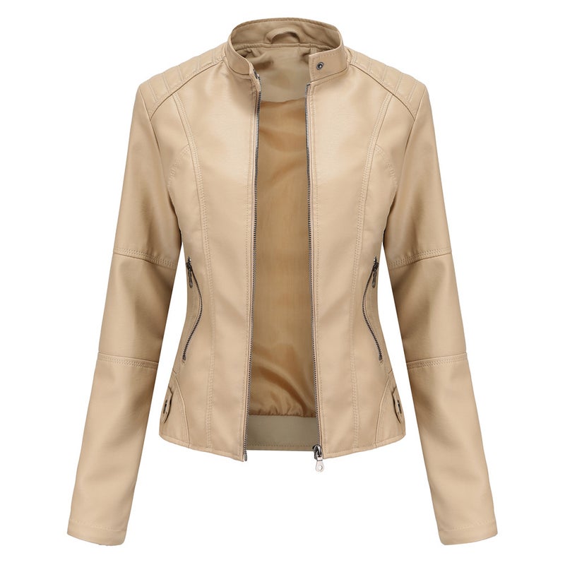 Women's Slim Fit PU Faux Leather Biker Jacket with Stand Collar and Zip Front, Lightweight Spring Autumn Coat - Image 1