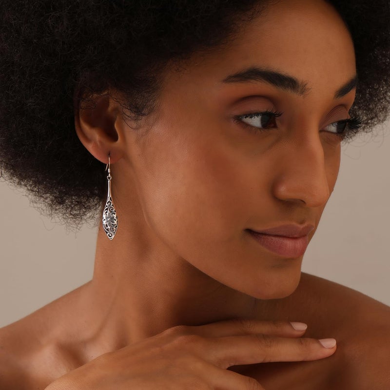 LeCalla 925 Sterling Silver Retro Filigree Drop Earrings | Lightweight Long Filigree Bali Inspired Hollow Flower Teardrop Dangle Hook Earring for Women - 51mm - Image 2