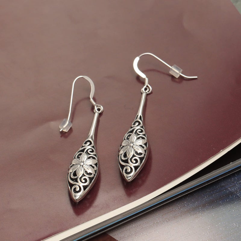 LeCalla 925 Sterling Silver Retro Filigree Drop Earrings | Lightweight Long Filigree Bali Inspired Hollow Flower Teardrop Dangle Hook Earring for Women - 51mm - Image 3