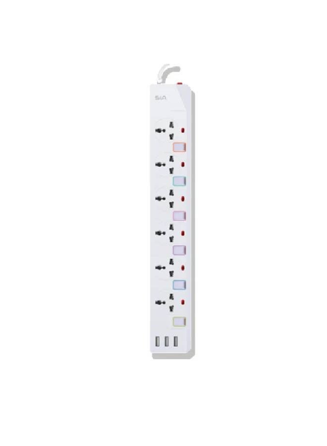 SIA ENDURING GEN1 POWER STRIP 2m copper 6Ways+3usb - White - Image 1