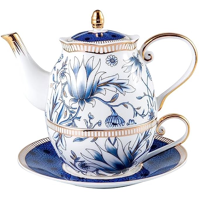 ACMLIFE Tea For One Teapot And Cup Set Vintage Floral Porcelain Tea Set For One Bone China Teapot Set Tea Pot Set Gift For Women Blue - Image 1