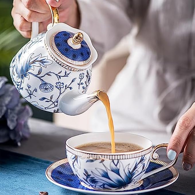ACMLIFE Tea For One Teapot And Cup Set Vintage Floral Porcelain Tea Set For One Bone China Teapot Set Tea Pot Set Gift For Women Blue - Image 3