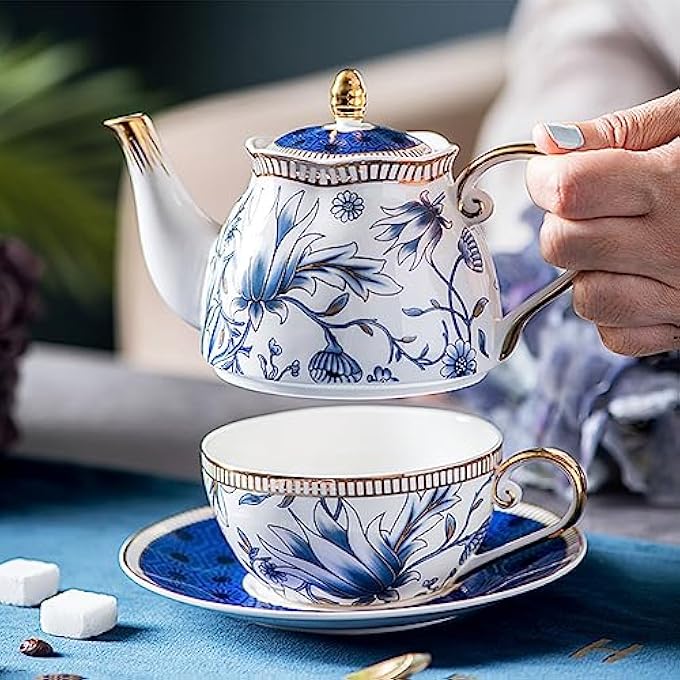 ACMLIFE Tea For One Teapot And Cup Set Vintage Floral Porcelain Tea Set For One Bone China Teapot Set Tea Pot Set Gift For Women Blue - Image 5