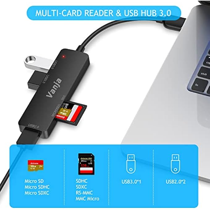 Vanja SD CARD READER USB 3.0 HUB 5 PORTS USB SPLITTER MULTI-PORT ADAPTER PORT EXTENDER TF MICRO SD CARD READER FOR LAPTOP PC MAC MACBOOK M2 XBOX PS5 PS4 COMPUTER HIGH SPEED BLACK - Image 3