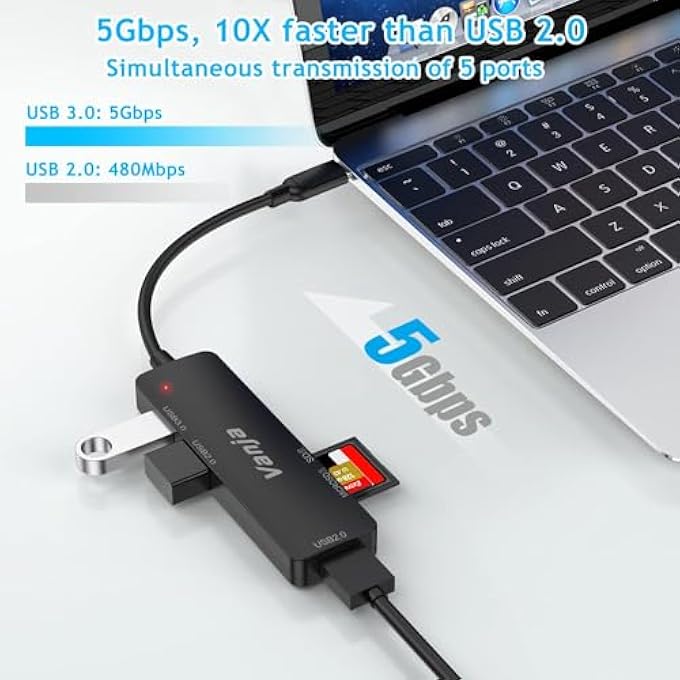 Vanja SD CARD READER USB 3.0 HUB 5 PORTS USB SPLITTER MULTI-PORT ADAPTER PORT EXTENDER TF MICRO SD CARD READER FOR LAPTOP PC MAC MACBOOK M2 XBOX PS5 PS4 COMPUTER HIGH SPEED BLACK - Image 2