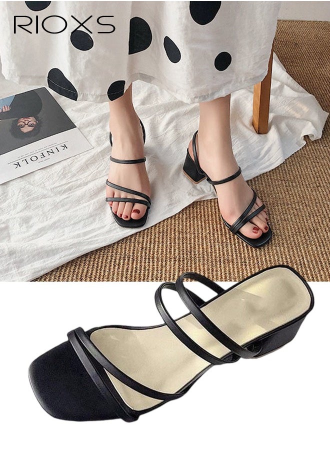 Women's Mid Heel Sandals, Square Open Toe Block Heels Sandals, Strappy Heels For Women, Chunky Ankle Buckle Pump Heeled Sandals, Ladies Summer Heels, Dress Slid Sandals Shoes, Best For Work/ Shopping/ Vacation/ Daily Wear