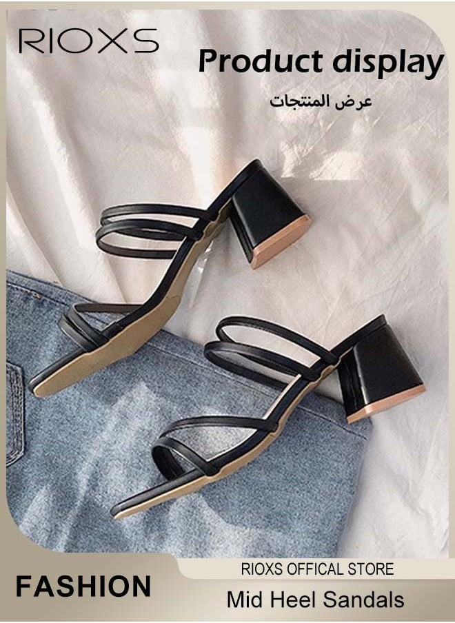 ريوكس - الصنادل النسائية في منتصف الكعب، الصنادل المفتوحة لأصابع القدم، الصنادل المكعبة للنساء، الصنادل المكتنزة بمضخة الكاحل المكعبة، الأحذية الصيفية للسيدات، الصنادل المنزلق الفستان أحذية - Image 1