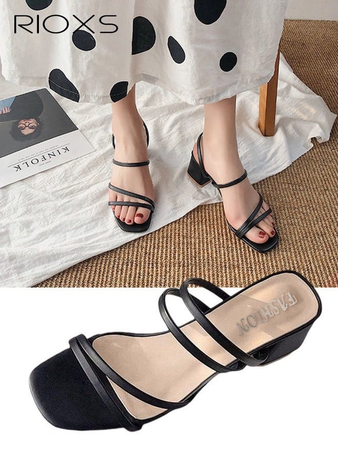 RIOXS Women's Mid Heel Sandals, Square Open Toe Block Heels Sandals, Strappy Heels For Women, Chunky Ankle Buckle Pump Heeled Sandals, Ladies Summer Heels, Dress Slid Sandals Shoes, Best For Work/ Shopping/ Vacation/ Daily Wear - Image 3