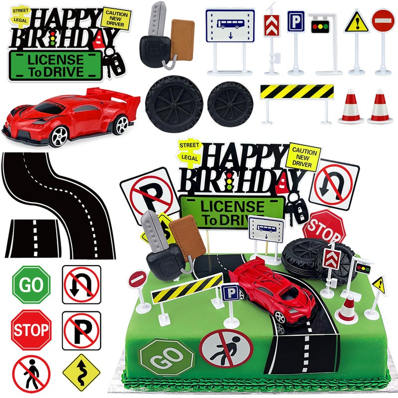 KEEPARTY 22Pcs Driver License Cake Tire Sculpture New Driving Cake Decorated 16th 17th Birthday Top for Celebrating New Drivers for Birthday and Road Signs Theme Party Supplies - Image 1