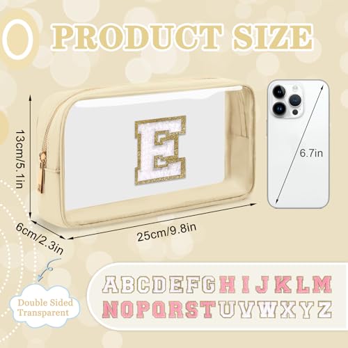 Iqimott Small Clear Personalized Initial Makeup BagNylon Preppy AZ Chenille Letter Patch Cosmetic Pouch Beach Toiletry BagWaterproof Zipper Travel Purse Storage Bag Organizer for Women GirlsBeigeWhite E - Image 3