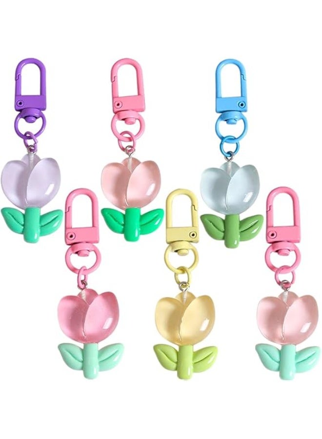 Bukela 6pcs Colorful Tulip Flower Keychains, Sweet Backpack Accessories, Cute Keychain Charms for Women's Bags & Purse Decor - Image 1