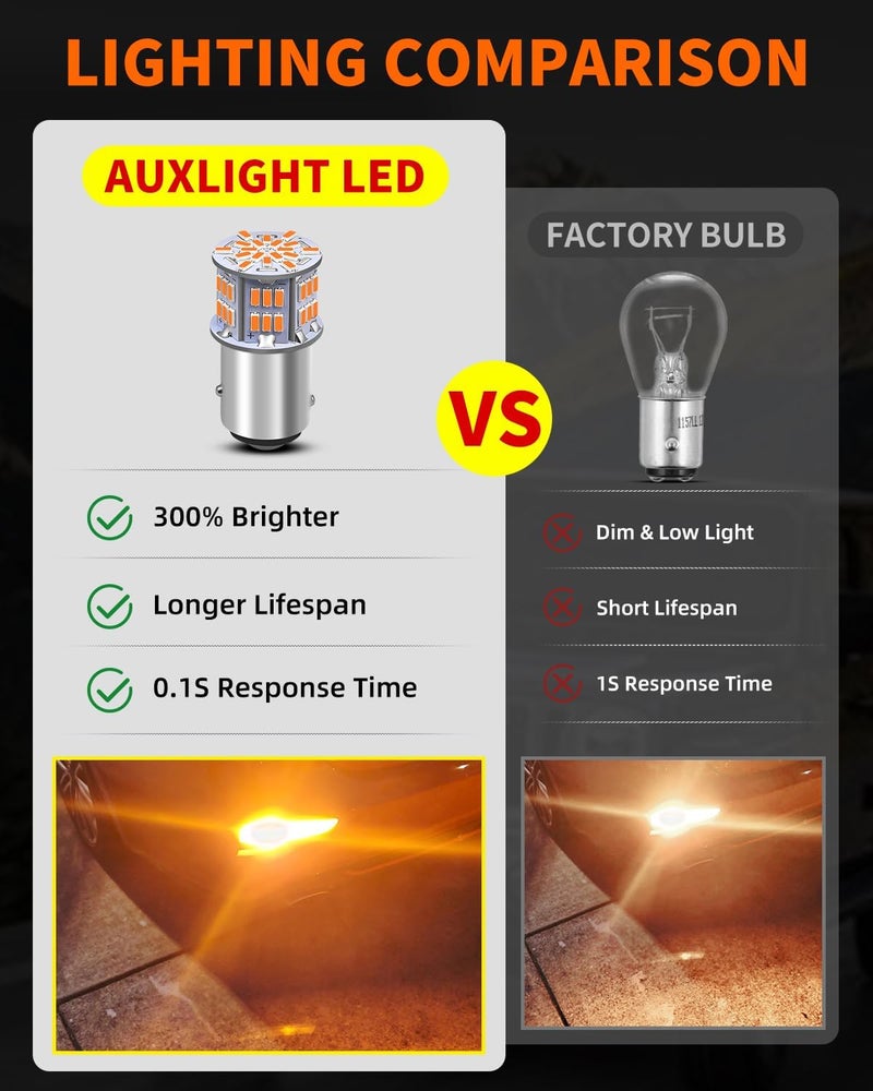 AUXLIGHT 1157 LED Bulbs 54-SMD 300% Super Bright 2057 2357 7528 1016 1034 LED Light Replacement for Car Truck Turn Signal Blinker Lights & Side Marker Lights, Amber Yellow(Pack of 6) - Image 4