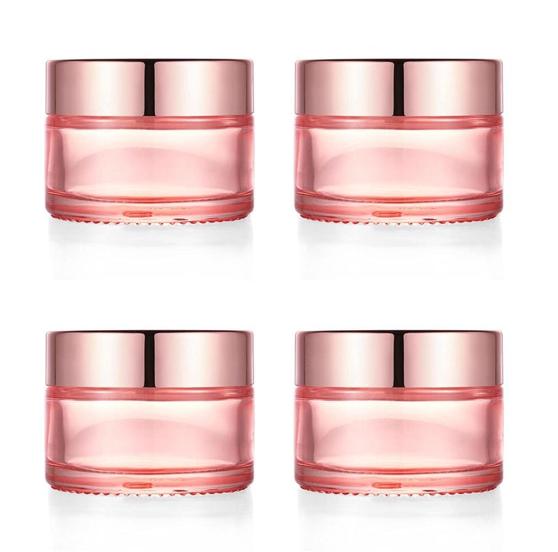 Furnido 4 Pack 1 Oz/30Ml Pink Glass Face Cream Jar Pot Empty Thick Glass Cosmetic Cream Jar Container With Rose-Golden Cover Inner Liners For Moisturizer Eyeshadow Makeup Emulsion - Image 1