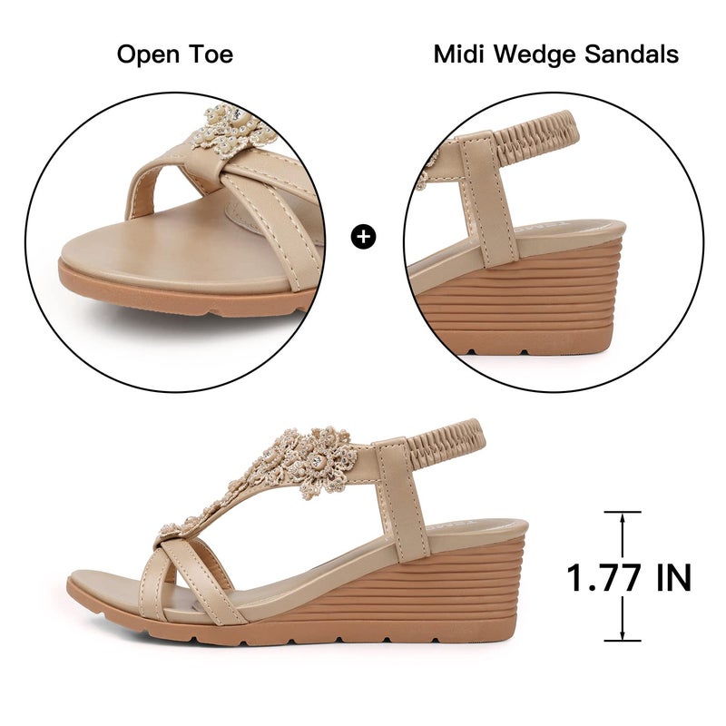 TEMOFON Women's Low Wedge Heels Summer Dressy Platform Sandals Elastic Ankle Strap Open Toe Flower Shoes Nude Size 8 - Image 5