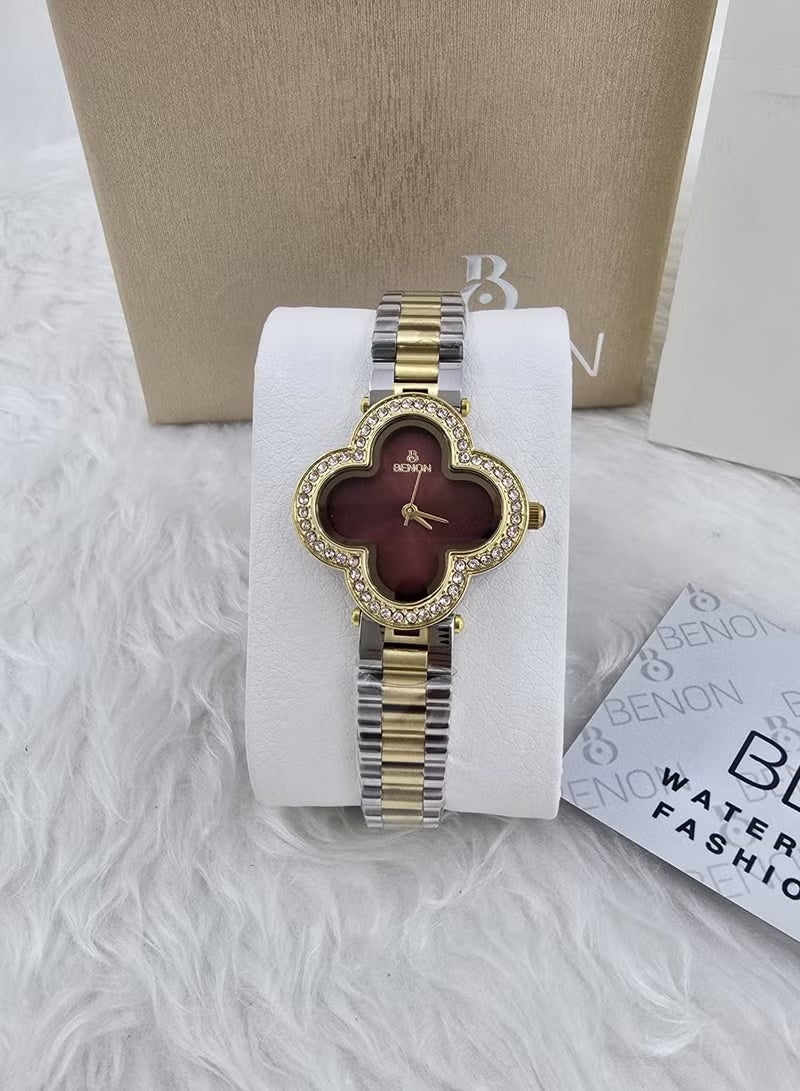 Elegant women's stainless steel watch in the Van Cleef style, water-resistant and high quality - silver and gold bracelet with a red dial