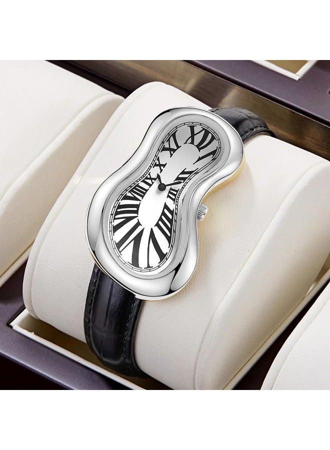 PINTIME Melting Art Stainless Steel Wristwatch – Surreal Watch for Men with Roman Numerals Unique Distorted Dial Design, Business Casual Dress Watch, Silver - Image 2