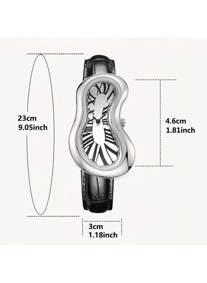 PINTIME Melting Art Stainless Steel Wristwatch – Surreal Watch for Men with Roman Numerals Unique Distorted Dial Design, Business Casual Dress Watch, Silver - Image 4