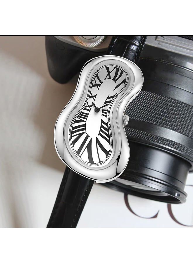 PINTIME Melting Art Stainless Steel Wristwatch – Surreal Watch for Men with Roman Numerals Unique Distorted Dial Design, Business Casual Dress Watch, Silver - Image 3