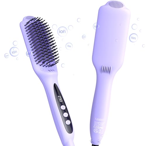 LANDOT Heated Hair Straightener Brush Negative Ion Hot Flat Iron Brush Straightener for Smooth & Frizz-Free Results - Dual Voltage Ceramic Straightening Brush Adjust Temp 250F-450F for All Hair Types - Image 1