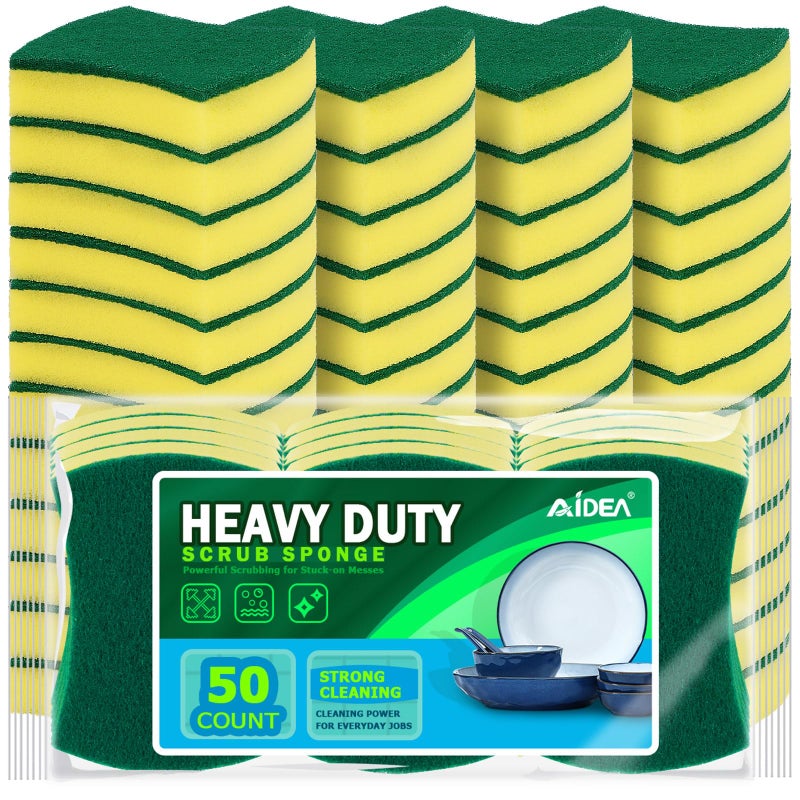AIDEA Sponges Kitchen, 50 Pack Heavy Duty Dish Sponge, Cleaning Dish Scrubber Sponge for Home and Kitchen, Stink-Free Cleaning Supplies for Pots, Pans - Image 1