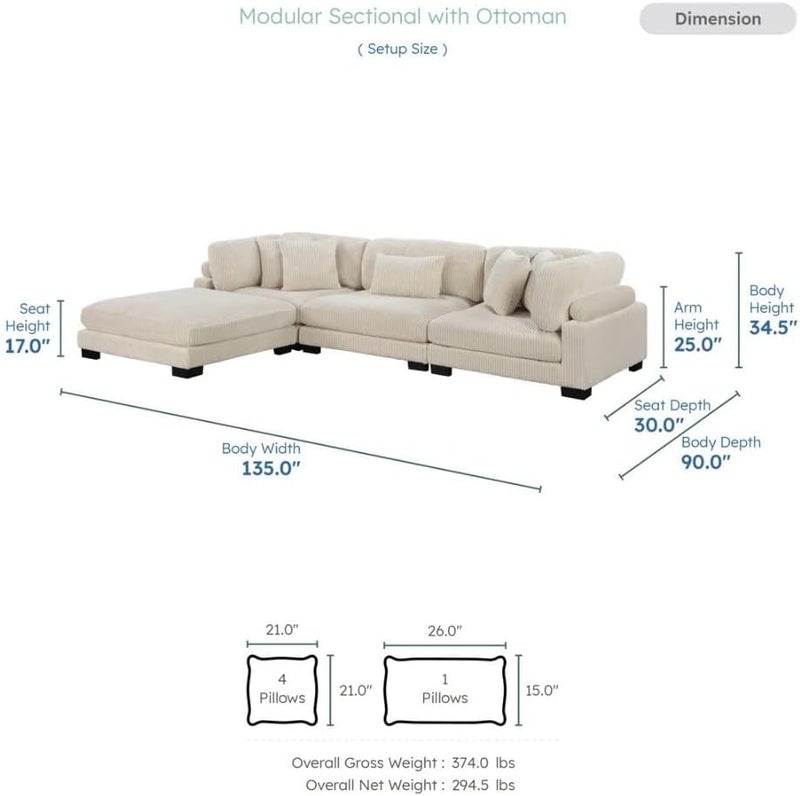 Comfynest 135" L-Shaped Modular Corduroy Sectional Sofa - Image 2