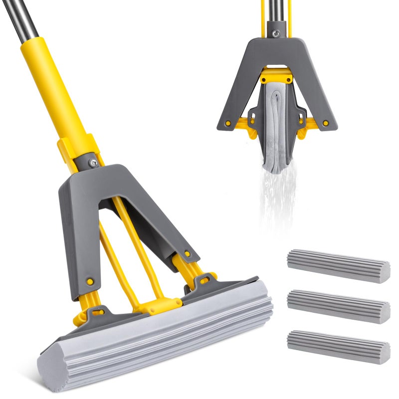 Masthome Sponge MopMasthome Roller Sponge MopEasy Self Squeeze Mop and Stainless Steel HandlePVA Mops with 3 Absorbent Mop Refills for Home Use Tile Floor Bathroom Cleaning - Image 3