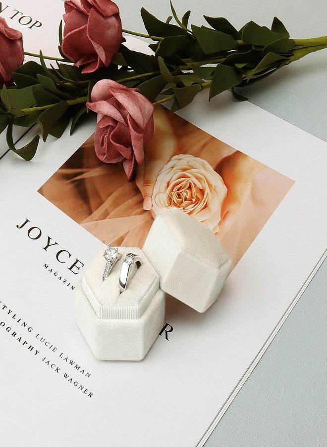DesignSter Hexagon Velvet Ring Box - Premium Gorgeous Vintage Double Ring Display Holder with Detachable Lid for Proposal, Engagement, Wedding, Ceremony (Beige) - Image 5