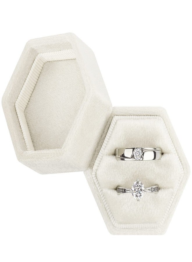 DesignSter Hexagon Velvet Ring Box - Premium Gorgeous Vintage Double Ring Display Holder with Detachable Lid for Proposal, Engagement, Wedding, Ceremony (Beige) - Image 1