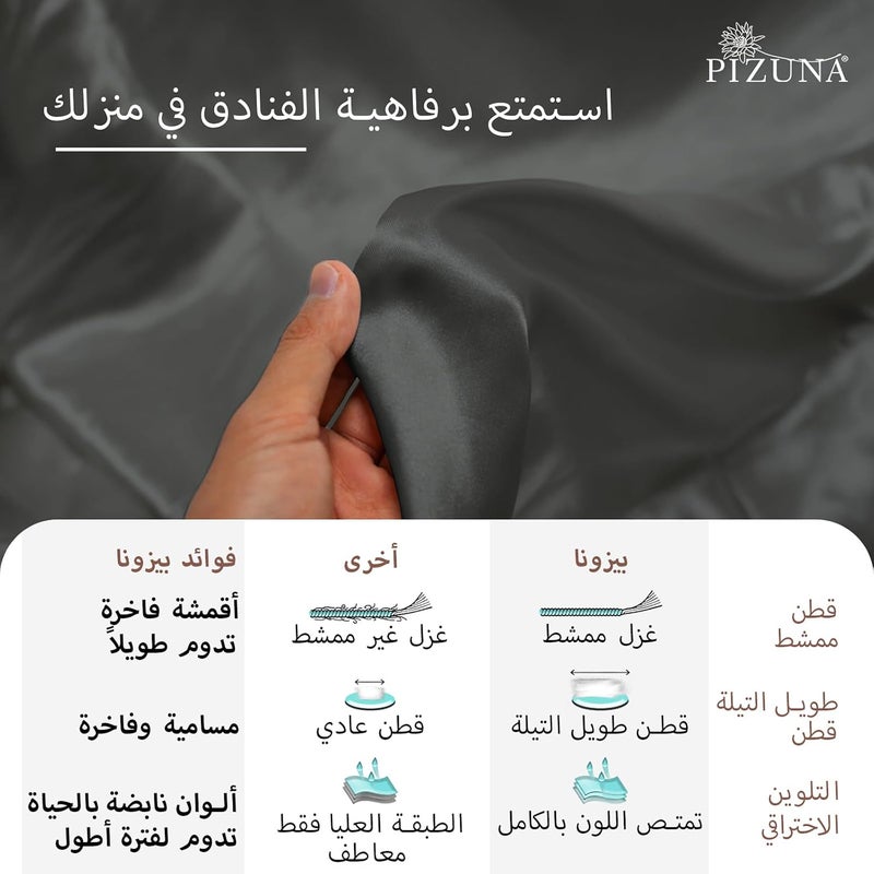 بيزونا مجموعة أغطية لحاف ملكية من بيزونا 100% قطن خليجي مقاس 240×220 سم رمادي داكن، 400 خيط، قطن طويل التيلة، نسج ساتان، مع كيسي وسادة (مجموعات أغطية لحاف رمادية داكنة) - Image 5