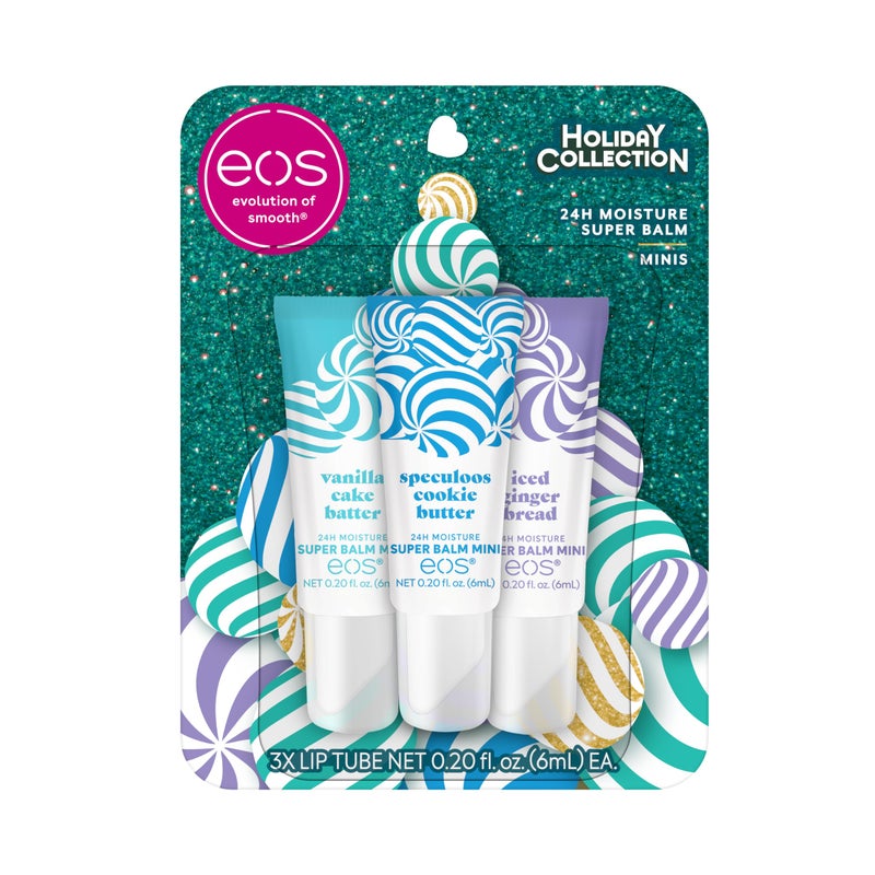 eos Holiday 24H Moisture Mini Super Balm Set- Speculoos Cookie Butter, Iced Gingerbread, Vanilla Cake Batter, Limited-Edition Lip Care, Stocking Stuffers, 0.20 fl oz, 3-Pack - Image 1