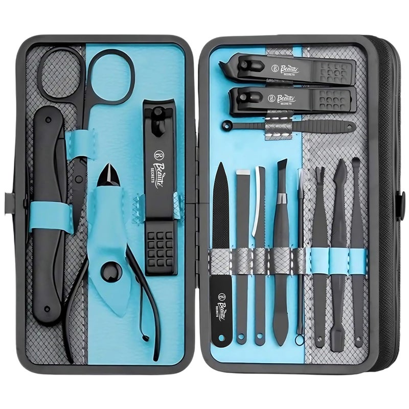 Beauté Secrets Beaut Secrets Professional Manicure Set 15 pcsStainless Steel Nail Clippers Scissors Cuticle Nipper Pedicure Tools Kit Portable Travel Grooming Kit for Men and Women with Luxurious Case Blue Blue - Image 1