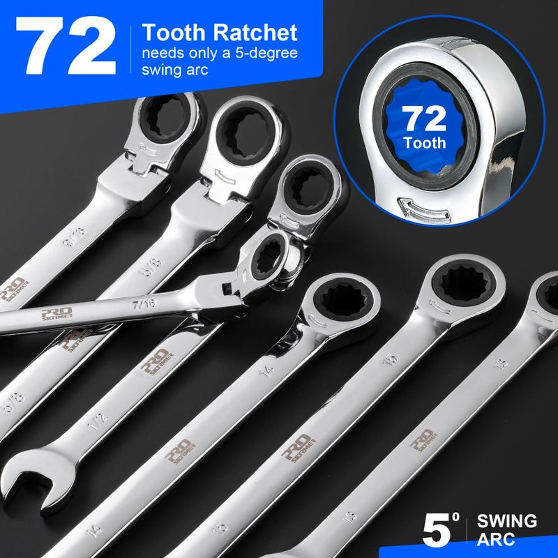 Prostormer Ratcheting Combination Wrench Set, 20-Piece SAE & Metric Wrench Kit with Pouch, 72-Tooth, Cr-V Steel, 10Pcs Flex-Head 1/4" to 3/4" & 10Pcs Fixed Head 6-18mm - Image 3