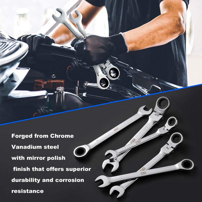 Prostormer Ratcheting Combination Wrench Set, 20-Piece SAE & Metric Wrench Kit with Pouch, 72-Tooth, Cr-V Steel, 10Pcs Flex-Head 1/4" to 3/4" & 10Pcs Fixed Head 6-18mm - Image 5
