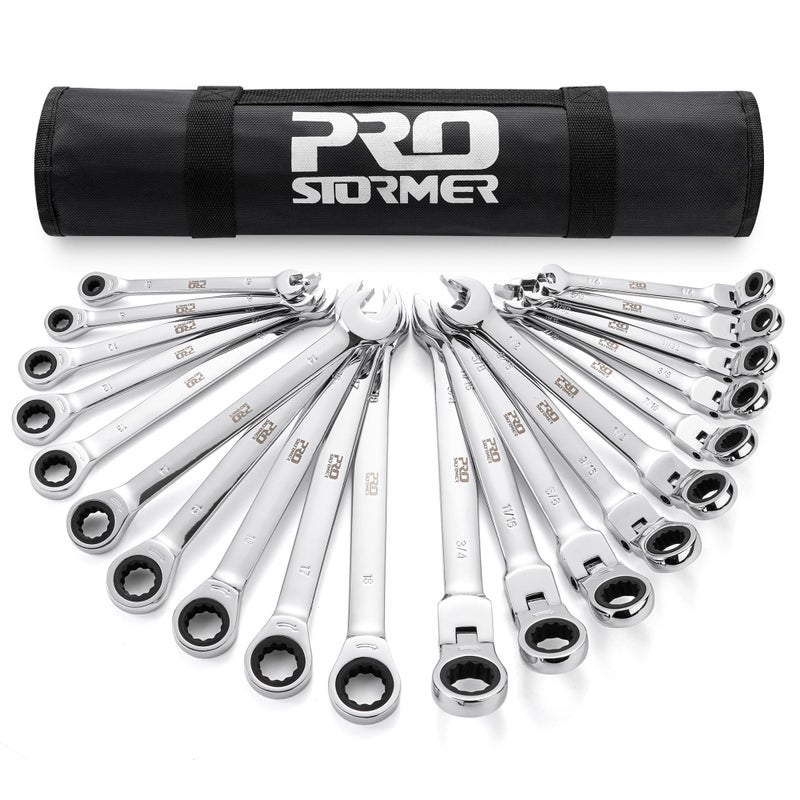 Prostormer Ratcheting Combination Wrench Set, 20-Piece SAE & Metric Wrench Kit with Pouch, 72-Tooth, Cr-V Steel, 10Pcs Flex-Head 1/4" to 3/4" & 10Pcs Fixed Head 6-18mm - Image 1