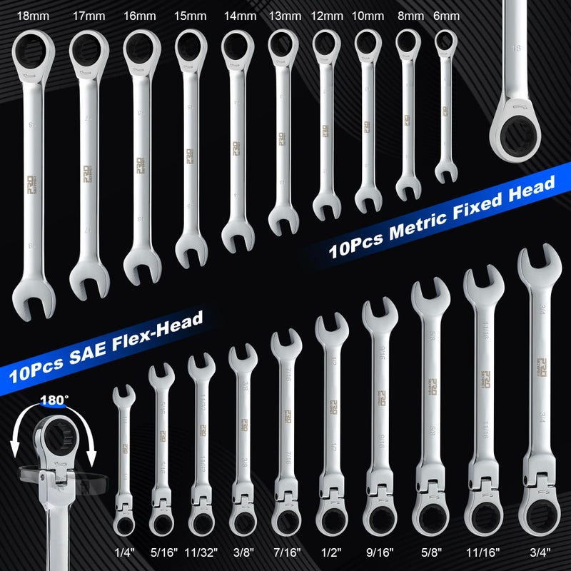 Prostormer Ratcheting Combination Wrench Set, 20-Piece SAE & Metric Wrench Kit with Pouch, 72-Tooth, Cr-V Steel, 10Pcs Flex-Head 1/4" to 3/4" & 10Pcs Fixed Head 6-18mm - Image 2