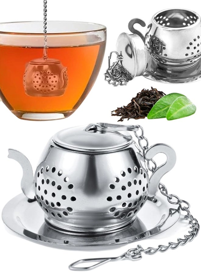 Stainless Steel Loose Leaf Tea Steeper Filter With Chain and Tray Reusable Coarse Pores Mesh Strainer Diffuser For Teacups Teapots Mugs - Image 1