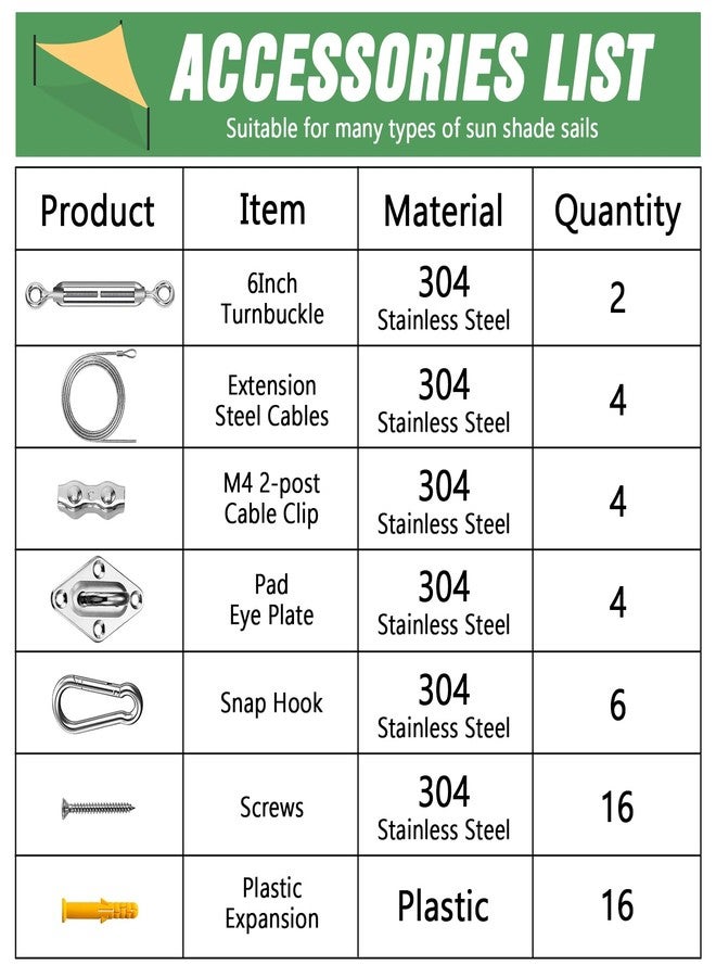 UIRWAY Shade Sail Hardware Kit, 52Pcs Stainless Steel Hardware Kit for Rectangle Triangle Canopy, Heavy Duty Anti-Rust Hardware Kit Set for Outdoor Garden Patio(6Inch +304 Stainless Steel Wire Rope) - Image 3