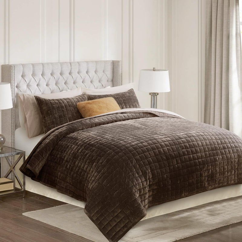 RECYCO Luxury Velvet Quilt Set, California King 118'' x 106'' Oversized Bedspread, Ultra Soft Velvet Comforter, Lightweight Box Stitch Bedding Sets for All Season, with 2 Shams, Walnut Brown - Image 2