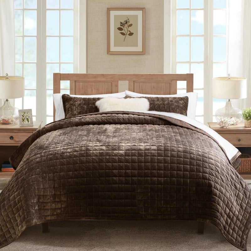 RECYCO Luxury Velvet Quilt Set, California King 118'' x 106'' Oversized Bedspread, Ultra Soft Velvet Comforter, Lightweight Box Stitch Bedding Sets for All Season, with 2 Shams, Walnut Brown - Image 1
