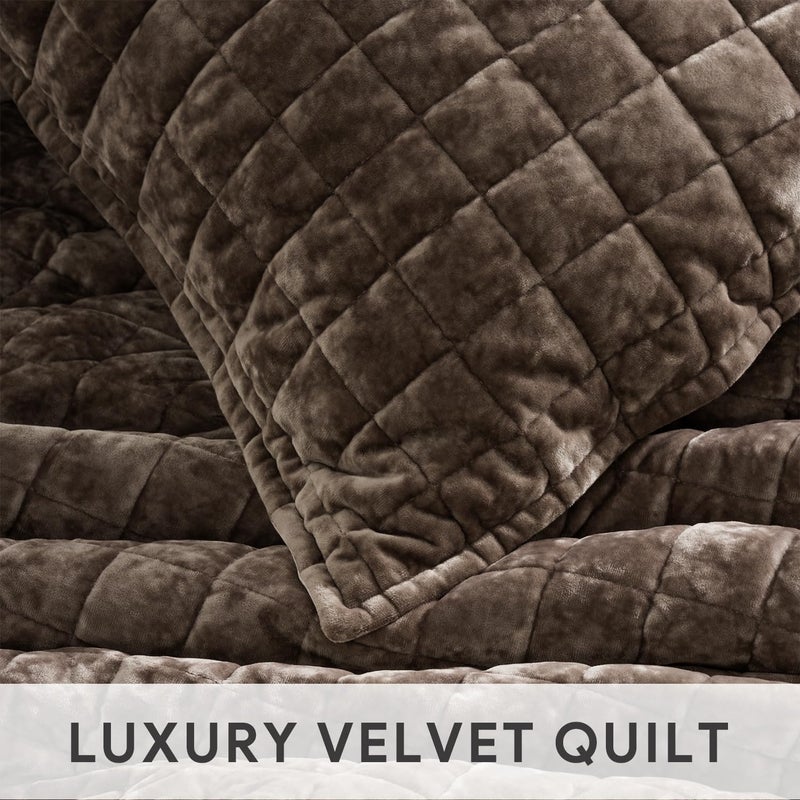 RECYCO Luxury Velvet Quilt Set, California King 118'' x 106'' Oversized Bedspread, Ultra Soft Velvet Comforter, Lightweight Box Stitch Bedding Sets for All Season, with 2 Shams, Walnut Brown - Image 5