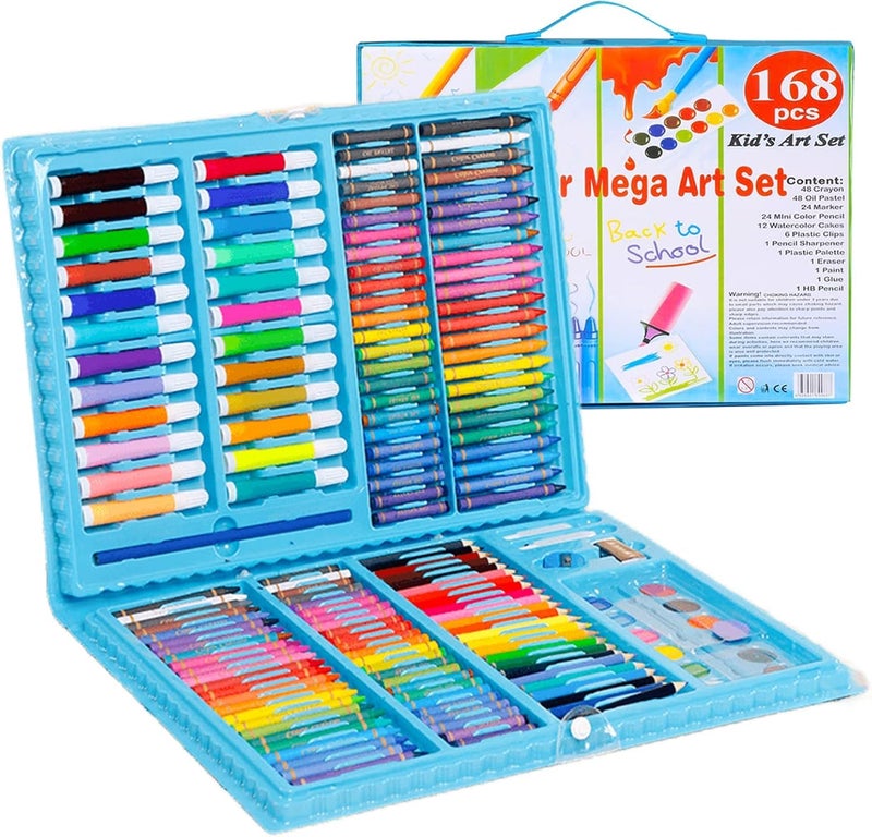 Parssufy 168 Pieces Art Set for Kids with Case, Art and Craft Supplies Kit for Drawing and Painting, Color Set with Markers, Water Colors, Brush, Color Pencils, Crayons (168 pcs Blue) - Image 1