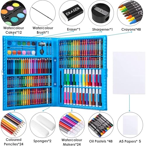 Parssufy 168 Pieces Art Set for Kids with Case, Art and Craft Supplies Kit for Drawing and Painting, Color Set with Markers, Water Colors, Brush, Color Pencils, Crayons (168 pcs Blue) - Image 2
