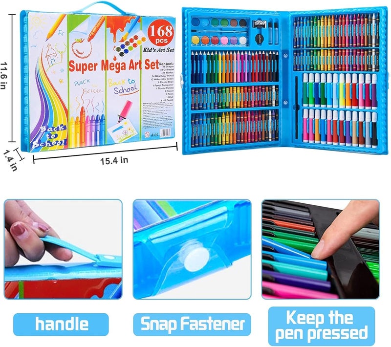 Parssufy 168 Pieces Art Set for Kids with Case, Art and Craft Supplies Kit for Drawing and Painting, Color Set with Markers, Water Colors, Brush, Color Pencils, Crayons (168 pcs Blue) - Image 3
