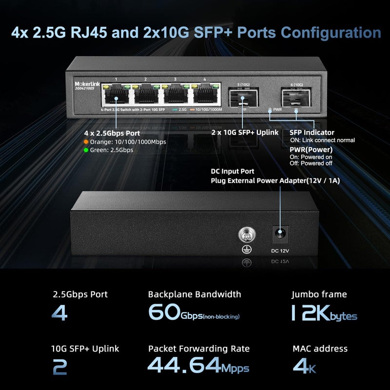 MokerLink 4 Port 2.5G Ethernet Switch with 2x10G SFP, 4 x 2.5G Base-T Ports Compatible with 10/100/1000Mbps, Metal Unmanaged Fanless Network Switch - Image 4