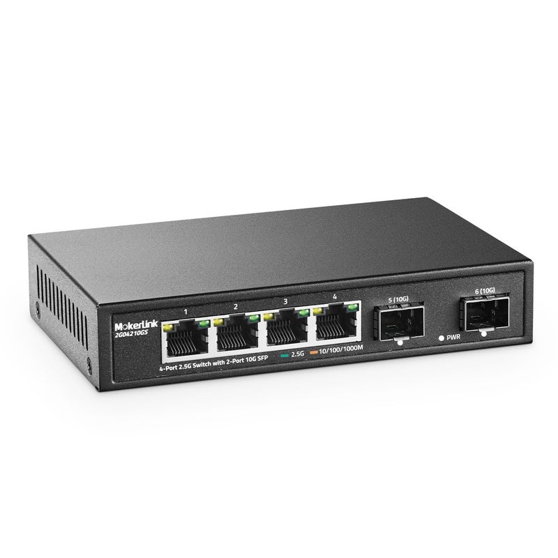 MokerLink 4 Port 2.5G Ethernet Switch with 2x10G SFP, 4 x 2.5G Base-T Ports Compatible with 10/100/1000Mbps, Metal Unmanaged Fanless Network Switch - Image 1